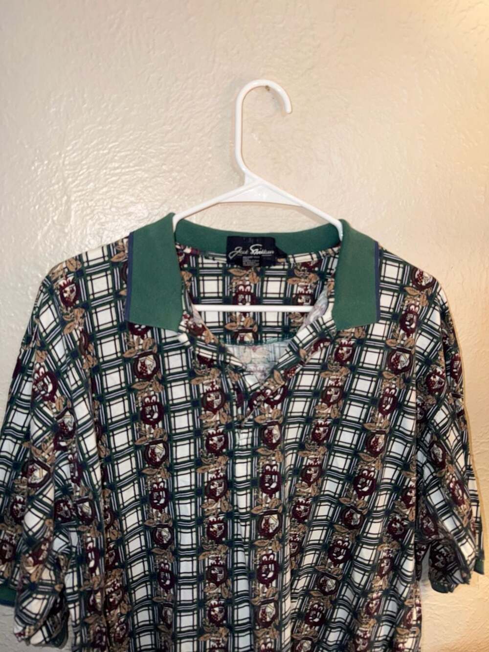 Jack Nicklaus Polo Shirt Crest Plaid Green White Cotton Short Sleeve